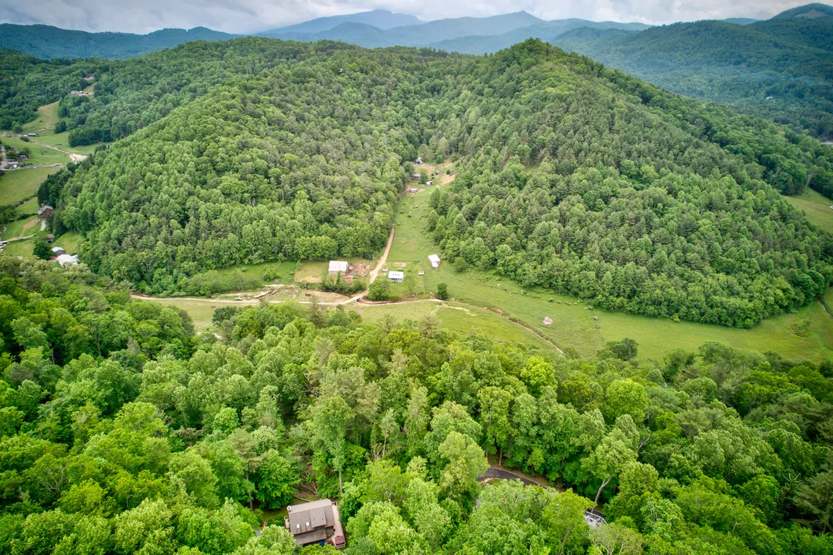 A sweeping view of rolling green hills with scattered houses and dirt paths, inviting thoughts of hiking, nature photography, and exploring the surrounding landscape. The tranquil, expansive scenery situates Kaylee's Kabin within its broader adventurous environment.
